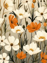 Vintage wild flowers in earthy tones, simple seamless pattern for sophisticated fabric and textile design ,  vector and illustrations