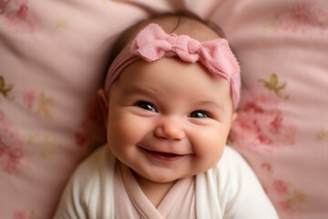 Sticker - imagine A baby girl with a dainty headband and a big smile, nestled in a soft blanket against a gentle pink background.