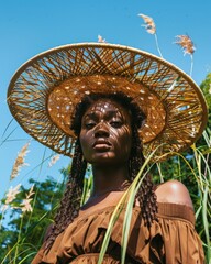 Portrait of an African woman in a large hat in the sun