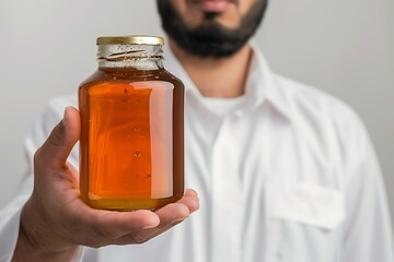 Wall Mural - Saudi Gulf Arab man wearing a shemagh and white traditional dress is holding glass bottle honey in hand on white background.