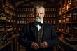 A Sophisticated Connoisseur: An Elegant Portrait of a Wine Aficionado Standing Proudly Before an Extensive Collection of Vintage Bottles in a Rustic Cellar