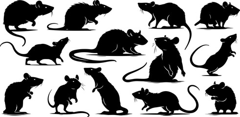 Rats ou souris, rongeurs silhouette noir sur fond blanc