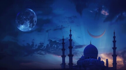 Dome Mosque with dark blue twilight sky Eid al-Adha, Eid al-Fitr, Mubarak, Islamic new year Muharram