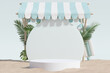 Summer product stand display podium with coconut leaves, pile of sand, beach umbrella, inflatable ring, on the beach. 3D rendering