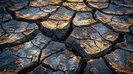 A cracked and broken rock surface, with the sun shining on it