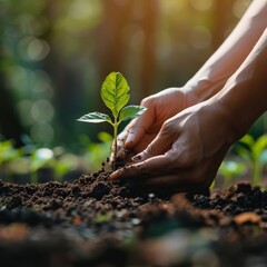 A person is planting a small green plant in the dirt