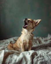 Cute Little Chihuahua Dog Yawning On Bed.