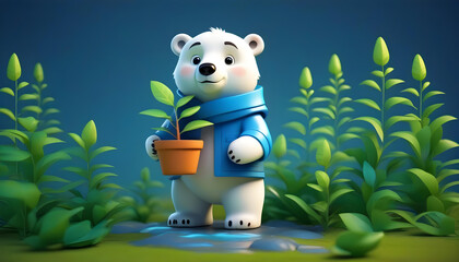 Wall Mural - A polar bear holding a pot of plant with a snowy landscape and aurora borealis in the background