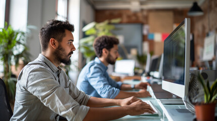 Poster - tech worker working on computer in modern office, person working in technology company, modern office workplace 