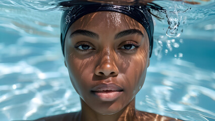 Wall Mural - Streamlined Aquatic Style: Swim Cap on Black Swimmer, Hydrodynamic Elegance: Swim Cap for African-American Athlete, Dynamic Swimwear: Black Female Athlete in Swim Cap