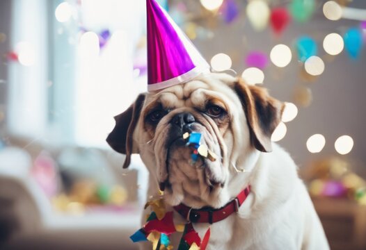 'blowing party blower year wearing hat dog confetti new grumpy year's day celebration pet crabby ear