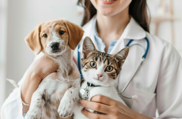 Poster - The smiling female doctor holds the cute dog and cat in her arms. A woman is wearing a white medical coat