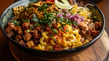 Wall Mural - a bowl of pasta topped with meat, vegetables, and a lime on a wooden table