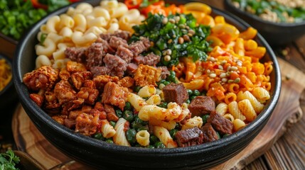 Wall Mural - a bowl of pasta topped with meat and vegetables