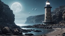A Lone White Lighthouse Stands Guard On The Rocky Coastline, Its Powerful Beam Cutting Through The Night Sky To Guide Ships At Sea