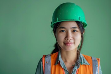 close-up portrait of Smiling female engineer with  safety helmet and vest on plain background