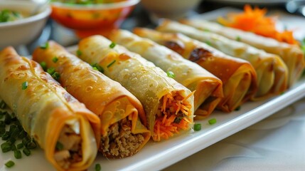 Wall Mural - a plate of assorted burritos, including a long one, accompanied by a white bowl and an orange bowl,