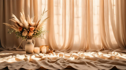 Boho wedding backdrop with natural light shadows on beige linen cloth texture