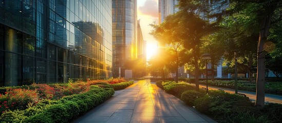 Poster - tall buildings in the city center and green trees, featuring modern architecture.