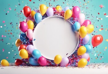 Wall Mural - 'frame Generated color Blank mockup balloons confetti AI balloon decoration celebration design circle round background birthday holiday colours party sphere bright border colourful card'