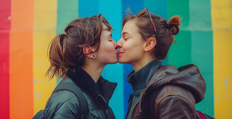 Wall Mural - Two women kissing each other on a colorful wall