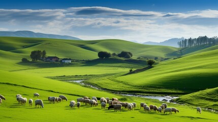 Wall Mural - landscape with green field and blue sky.