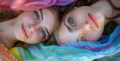 Wall Mural - Two girls are laying on the grass with colorful scarves on their heads