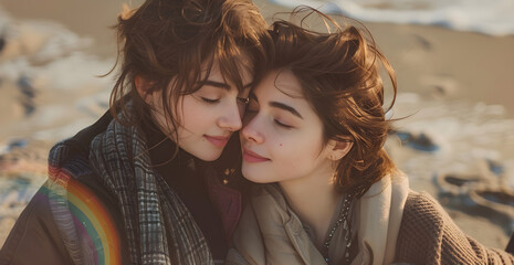 Wall Mural - Two women are hugging each other on a beach