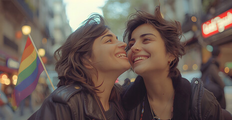 Wall Mural - Two women are smiling and hugging each other while holding a rainbow flag