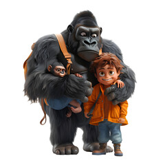 Wall Mural - A 3D animated cartoon render of a brave gorilla carrying a scared child.