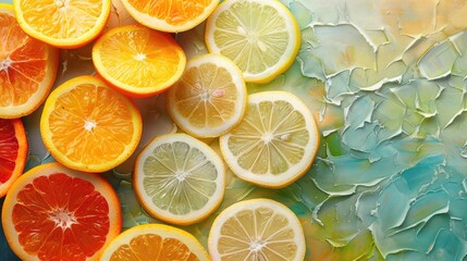 Sliced citrus fruits on a light abstract background.