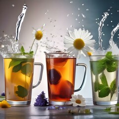 Canvas Print - Assortment of herbal tea splashes with ingredients like chamomile, mint, and lavender4