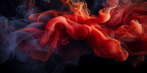 Red and dark brown smoke on a black background, in creative abstraction style