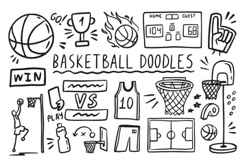 Basketball doodle elements set. basket sport ball, winner cup. Hand drawn sketch style.