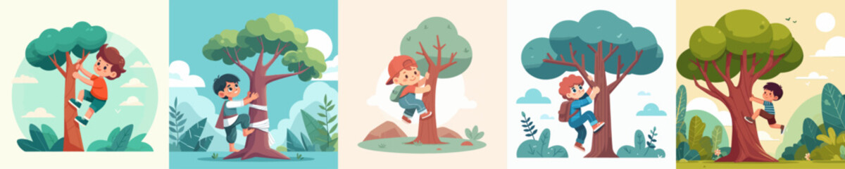 Canvas Print - vector set of happy boys climbing trees