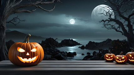 Wall Mural - One spooky halloween pumpkin, Jack O Lantern, with an evil face and eyes on a wooden bench, table with a misty gray coastal night background with space for product placement