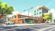 Hospital building and car passing by cartoons high definition coloful animation scenes. cartoons. Illustrations