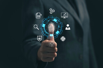 Poster - Businessman scans fingerprints to access personal information. Security protection concept of personal information, financial information, and stock market information. Automatically unlock