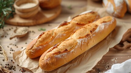 two fresh tasty baguettes on craft paper. fresh baked goods concept