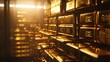 Stacks of gold bars in a bank vault, spotlight, low angle