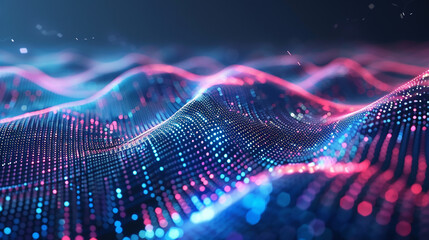 Poster - abstract Kinetic particle waves, with small, Neon wave lines, bokeh lights on abstract background for futuristic data transfer concept and colorful dots moving in wave-like patterns. 