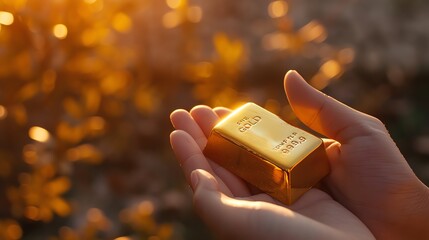 Single gold bar held in hands, natural sunlight, closeup, personal touch