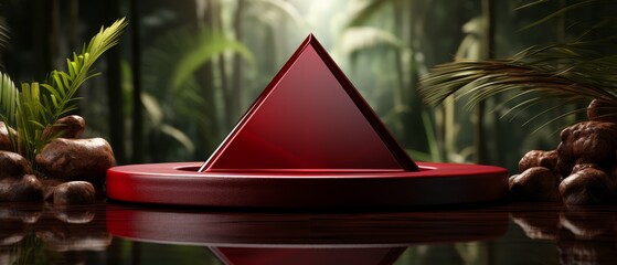 Wall Mural - Empty product podium with ruby red, pyramid, rough set against abstract panoramic background with bamboo sticks around