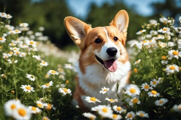 'purebred summer day outdoors flowers happy dog welsh active sunny corgi pet animal field poppy flower breed cute grass green nature adorable canino portrait spring pedigree young smile funny meadow'