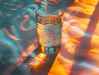 Wall Mural - A glass of water with an orange slice and ice cubes, placed on a blue surface with a reflection. 