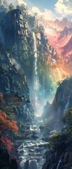 Wall Mural - A waterfall is flowing down a mountain, surrounded by trees and rocks