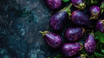 Fresh purple eggplants on dark background. Top view, copy space