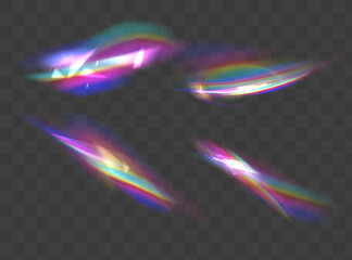 Wall Mural - Iridescent crystal leak glare reflection effect. Optical rainbow lights, glare, leak, streak overlay. falling confetti. Vector colorful vector lenses and light flares with transparent effects