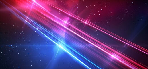 Wall Mural - red and blue laser beams shining on a dark background. glowing light lines in space with stars