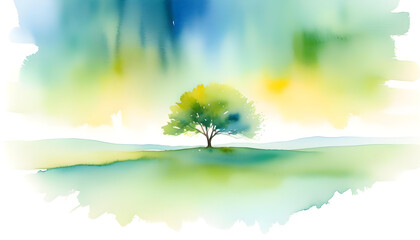 Wall Mural - A watercolor painting of a single tree with a soft and vibrant color palette